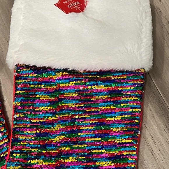 - NEW Holiday Time Christmas tree skirt rainbow sequence with 2 matching s… - Picture 2 of 7